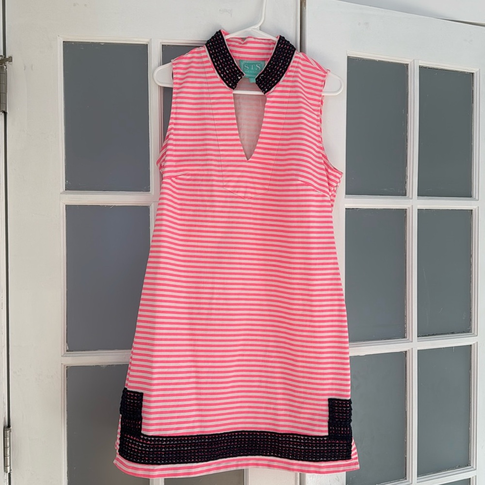 Sail to Sable Neon Pink and White Striped Dress, Large